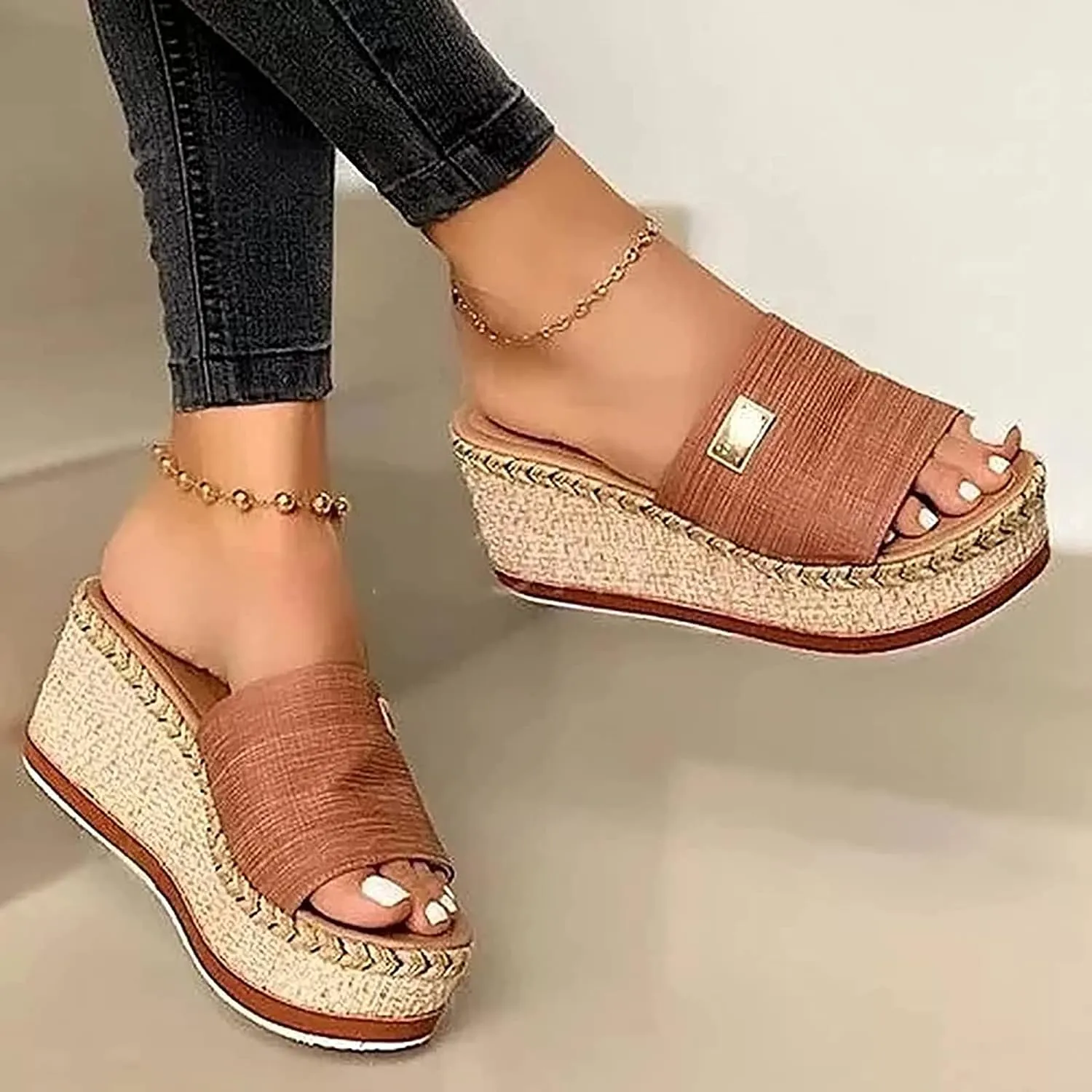 Women Wedges Platform Hessian Sandals Summer Open Toe Mules Slippers Ladies High Heel Thick Bottom Casual Slip on Slide Slippers Mules Comfy Beach Walking Shoes,Black,US10/EU41