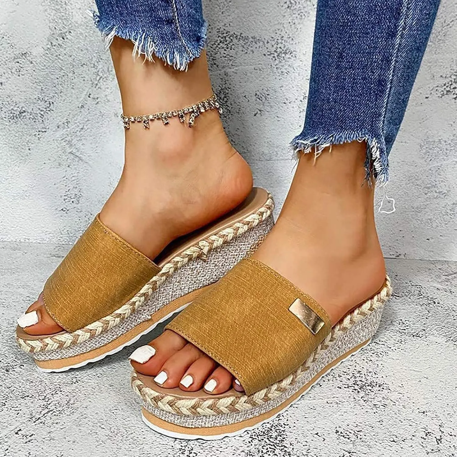 Women Wedges Platform Hessian Sandals Summer Open Toe Mules Slippers Ladies High Heel Thick Bottom Casual Slip on Slide Slippers Mules Comfy Beach Walking Shoes,Black,US10/EU41