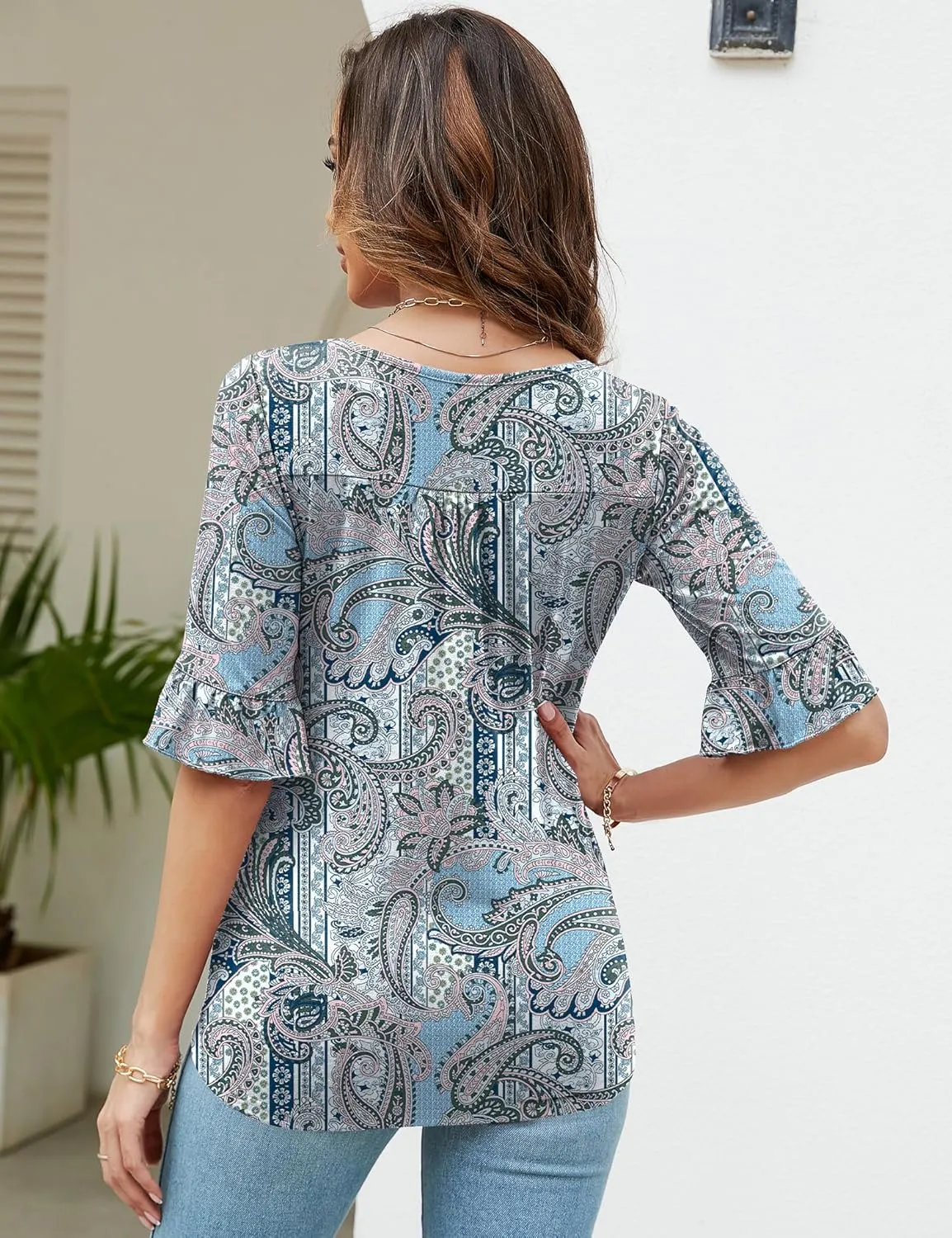 Womens 3/4 Sleeve Shirts Summer Square Neck Bell Sleeve Tops Business Casual Loose Tunic Work Dressy Blouses