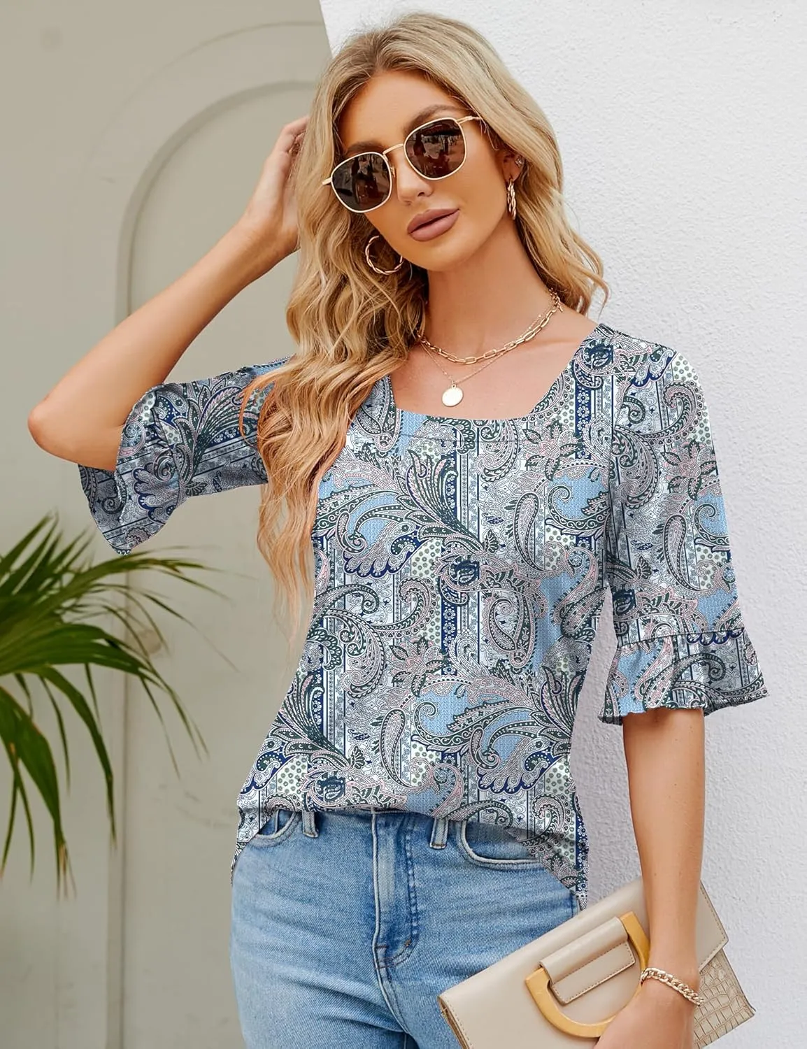 Womens 3/4 Sleeve Shirts Summer Square Neck Bell Sleeve Tops Business Casual Loose Tunic Work Dressy Blouses