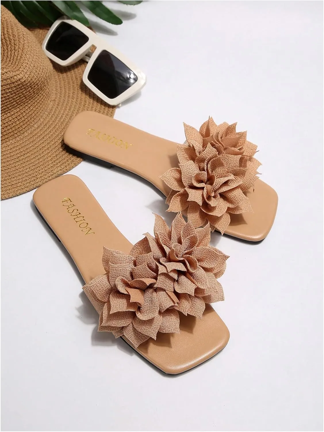 Women's 3D Floral Flat Sandals Dressy Square Open Toe Sandals Single Band Casual Slip on Slides