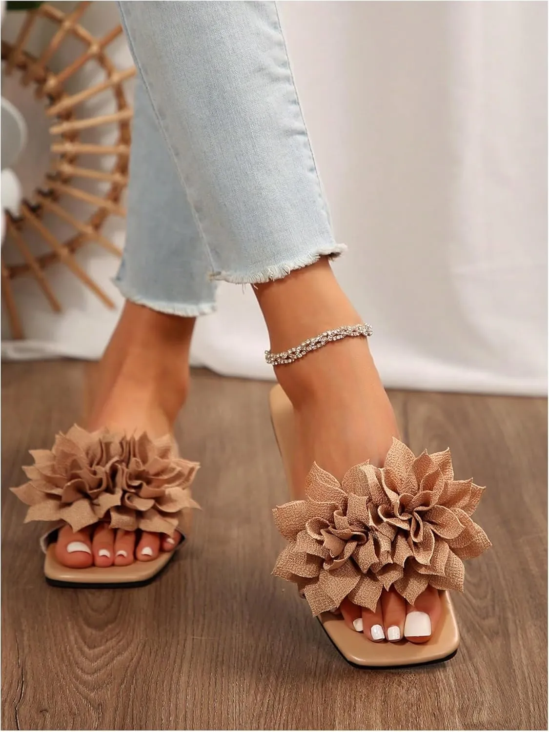 Women's 3D Floral Flat Sandals Dressy Square Open Toe Sandals Single Band Casual Slip on Slides