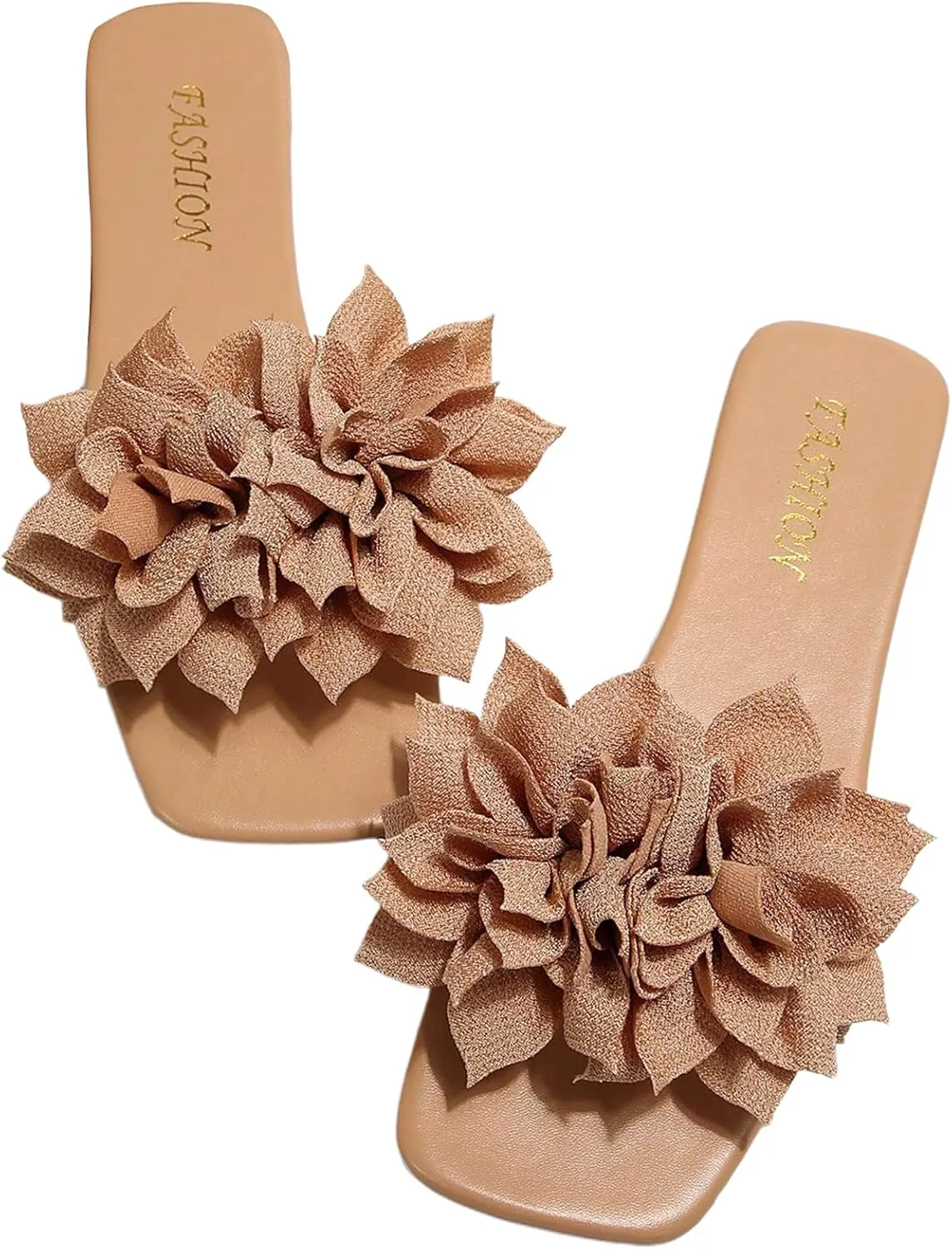Women's 3D Floral Flat Sandals Dressy Square Open Toe Sandals Single Band Casual Slip on Slides