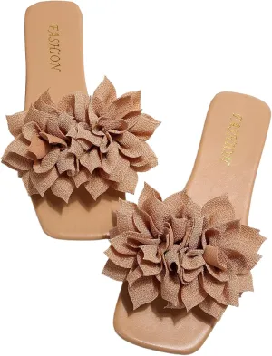 Women's 3D Floral Flat Sandals Dressy Square Open Toe Sandals Single Band Casual Slip on Slides