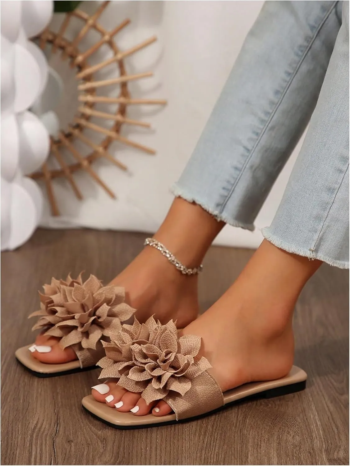 Women's 3D Floral Flat Sandals Dressy Square Open Toe Sandals Single Band Casual Slip on Slides