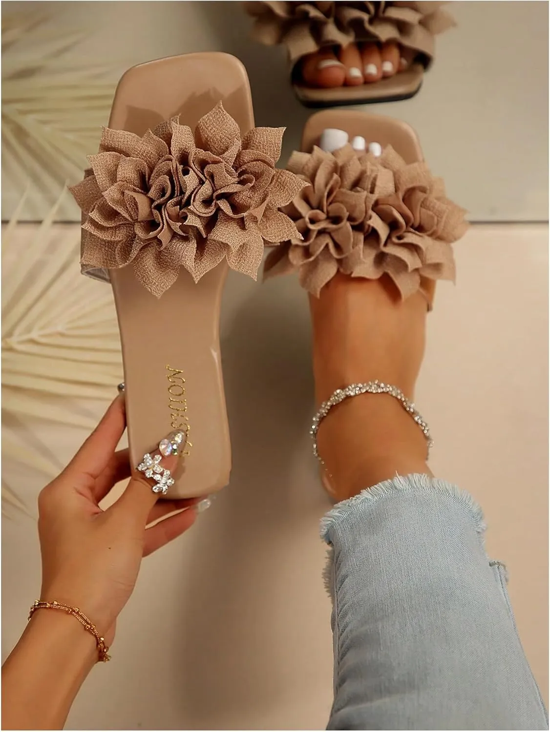Women's 3D Floral Flat Sandals Dressy Square Open Toe Sandals Single Band Casual Slip on Slides