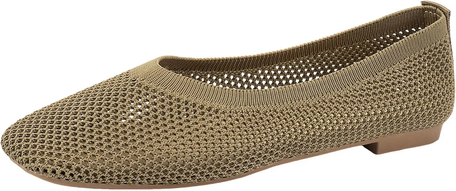Women's Ballet Flats Soft Knit Lightweight Square Toe Slip On Comfort Ballerina Flat Shoes for Walking Low Wedge Soft