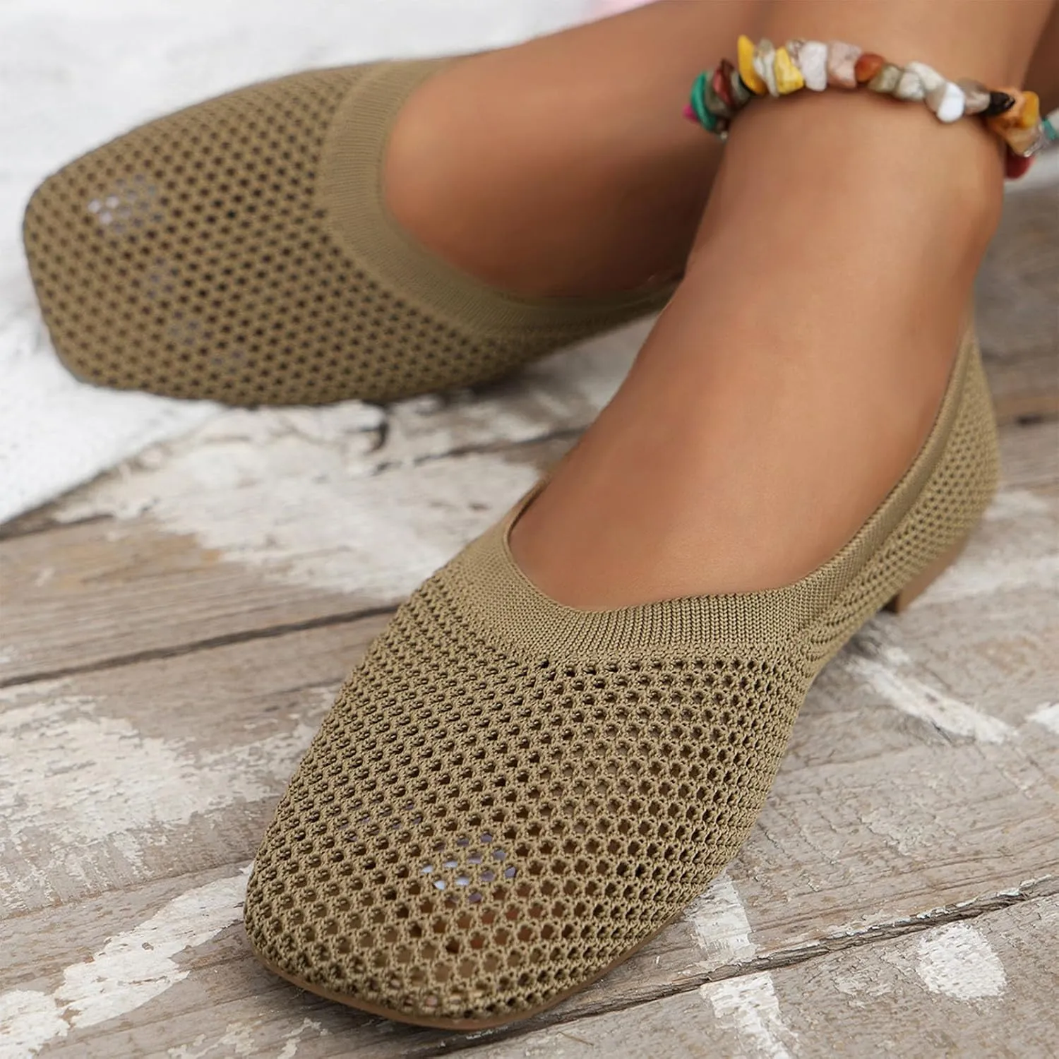 Women's Ballet Flats Soft Knit Lightweight Square Toe Slip On Comfort Ballerina Flat Shoes for Walking Low Wedge Soft