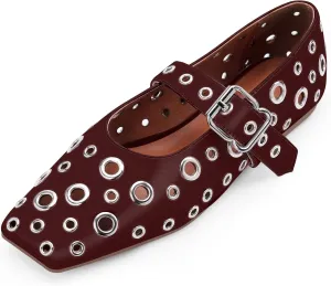 Women's Ballet Flats Studded Metal Eyelet Buckle Perforated Mary Jane Shoes