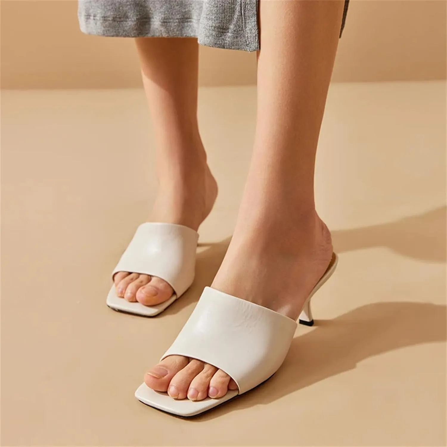 Women's Calfskin Leather Slippers - Solid Color Square Toe Thin Heel Flats