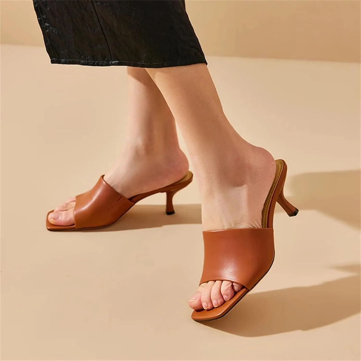 Women's Calfskin Leather Slippers - Solid Color Square Toe Thin Heel Flats