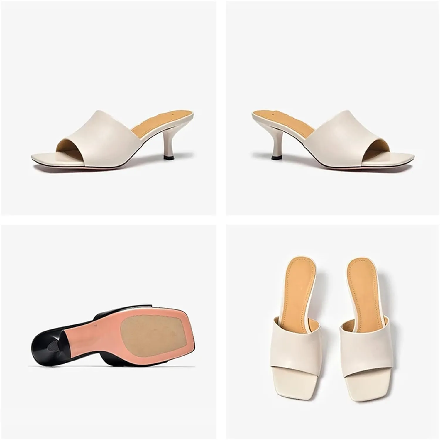 Women's Calfskin Leather Slippers - Solid Color Square Toe Thin Heel Flats