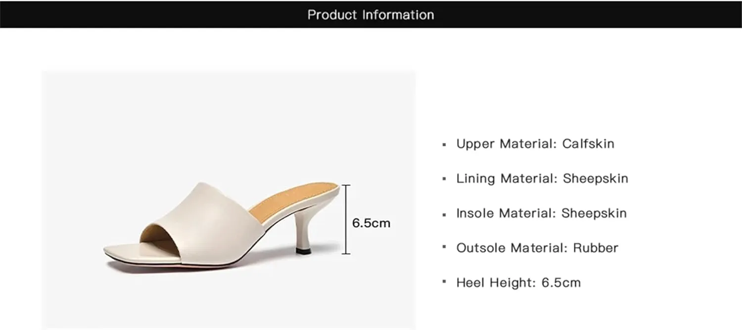 Women's Calfskin Leather Slippers - Solid Color Square Toe Thin Heel Flats