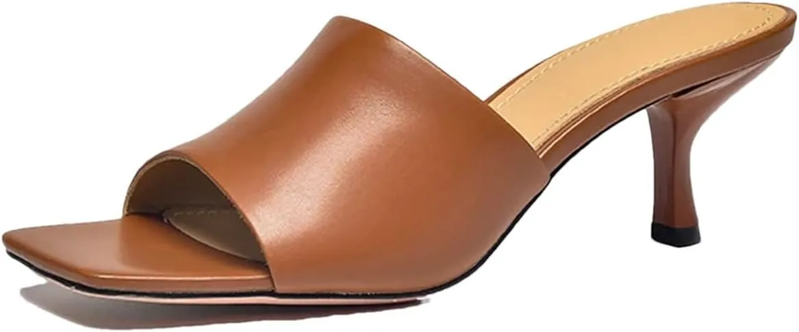 Women's Calfskin Leather Slippers - Solid Color Square Toe Thin Heel Flats