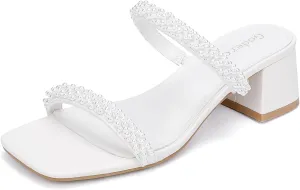 Women's Chunky Block Low Heeled Sandals Two Strap Square Open Toe Slip On Mule Heels