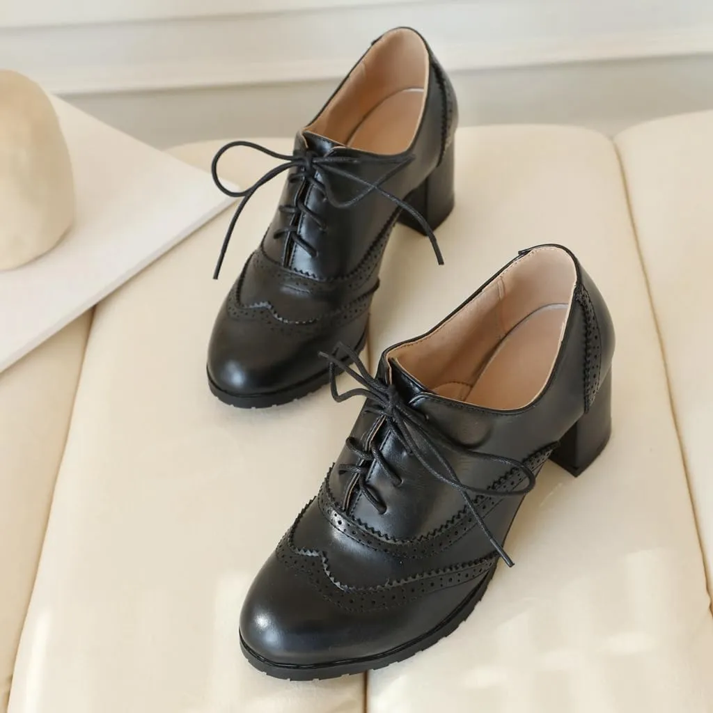 Women's Classic Lace Up Wingtip Oxfords Pumps Chunky Block Mid Heel Round Toe Leather Vintage Dress Shoes