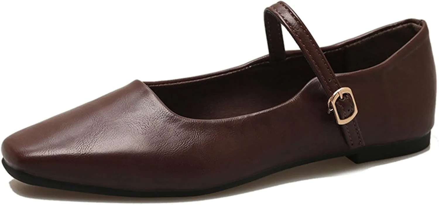 Women's Classic Retro Square Toe Flat Mary Jane Shoes Fashionable and Comfortable Walking Flat Shoes with Buckles