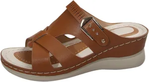 Women's Comfortable Sandals with Arch Suppor Open Toe Cross Strap Slip On Wedge Sandals Soft Sole Casual Buckle Slippers for Summer Beach Oceanside Holiday Outdoor