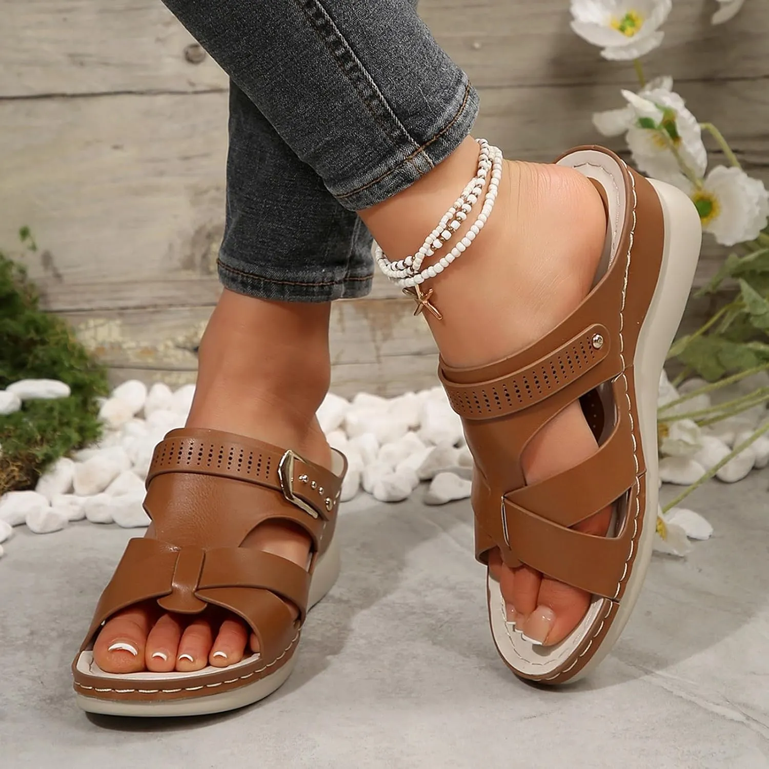 Women's Comfortable Sandals with Arch Suppor Open Toe Cross Strap Slip On Wedge Sandals Soft Sole Casual Buckle Slippers for Summer Beach Oceanside Holiday Outdoor