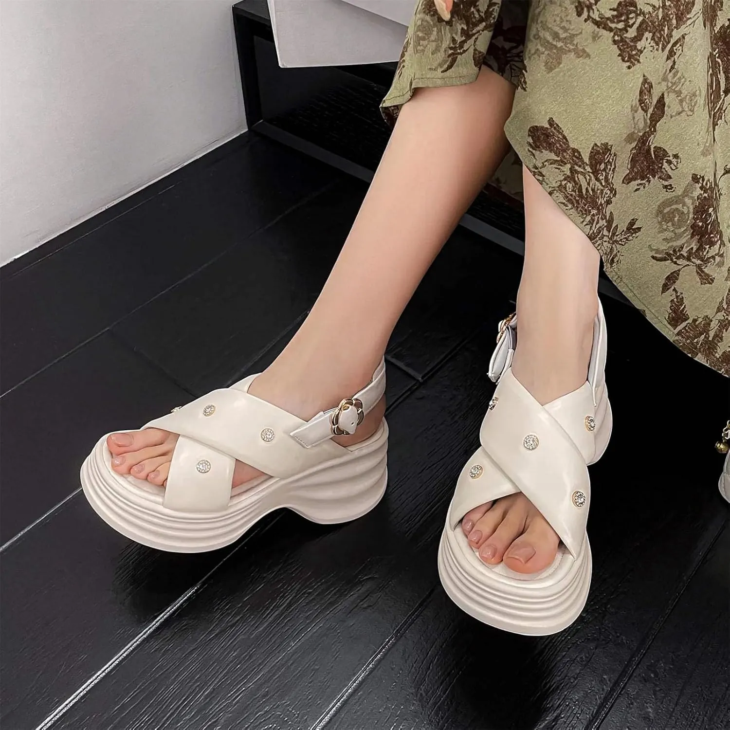 Women's Cow Leather Peep Toe Sandals - Rivets High Heels Party Concise Platform