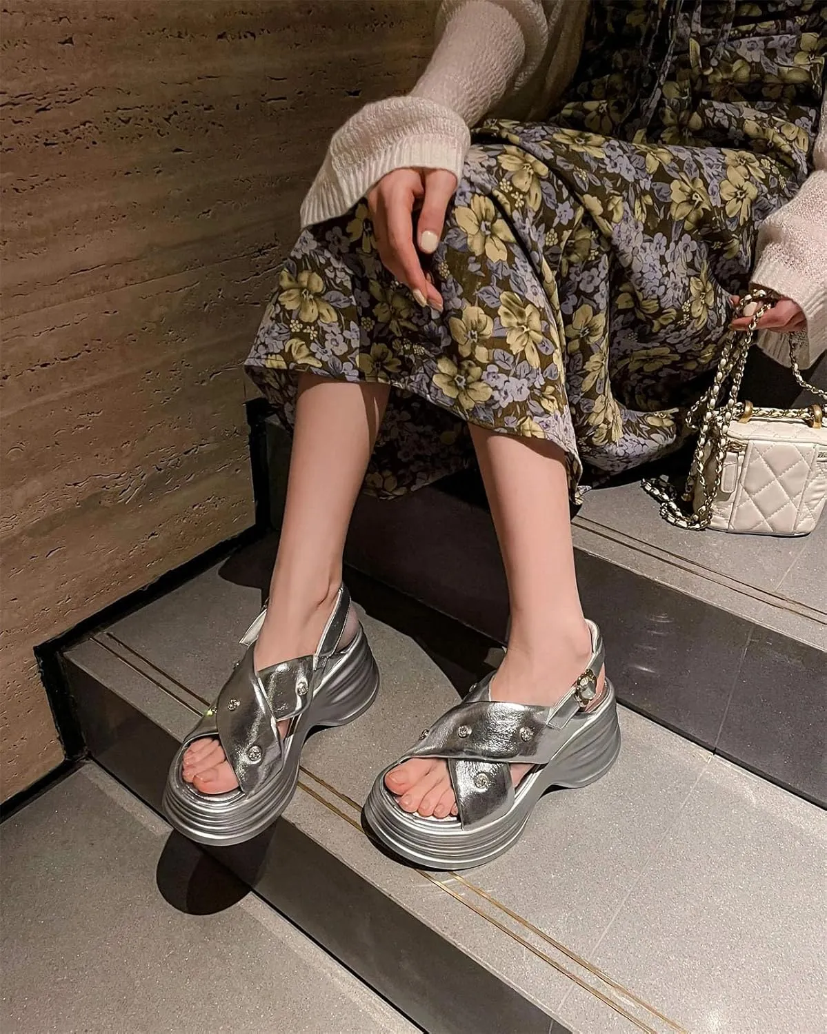 Women's Cow Leather Peep Toe Sandals - Rivets High Heels Party Concise Platform