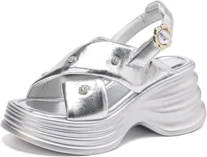 Women's Cow Leather Peep Toe Sandals - Rivets High Heels Party Concise Platform