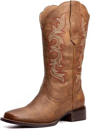 Womens Cowboy Boots Square Toe Cowgirl Boots Ladies Country Western Boots Wide Calf Embroidery Brown Low Heel US 6-11