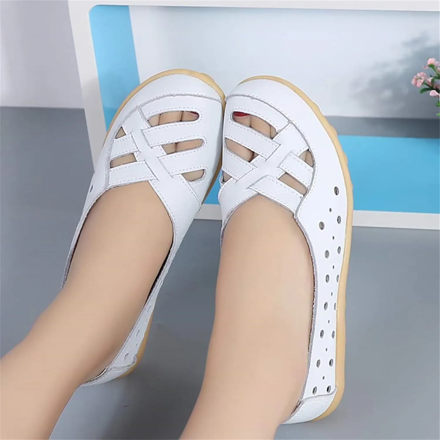 Women's Cowhide Leather Shoes Loafer Casual Slip On Shoe Driving Moccasins Closed Toe Boat Flats Walking Sandals