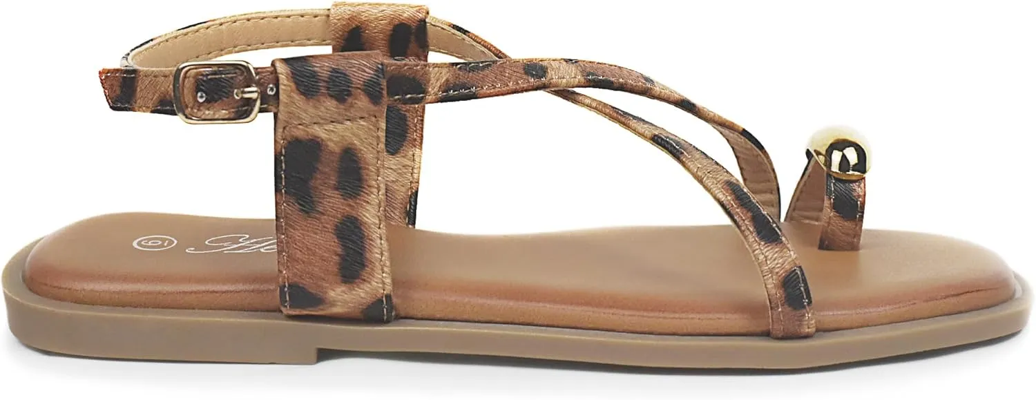Women's Cross Strappy Flat Sandals Ring Buckle Ankle Boho Wedding Dressy Sandals