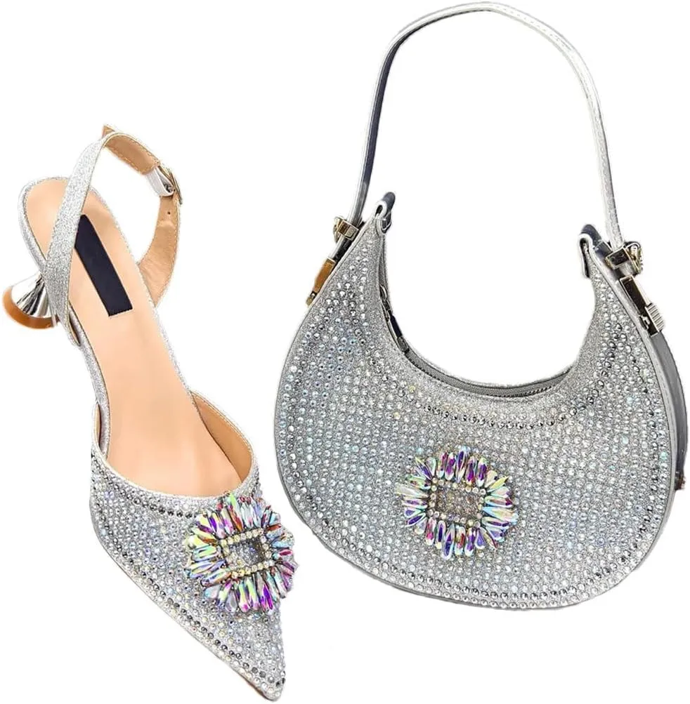 Women's Elegant Bling Party Shoes and Bag Set with Pointed Toe Spike Heel Slingbacks for Special Occasions