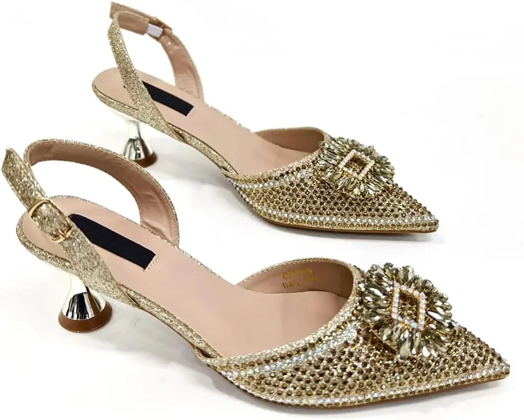 Women's Elegant Bling Party Shoes and Bag Set with Pointed Toe Spike Heel Slingbacks for Special Occasions