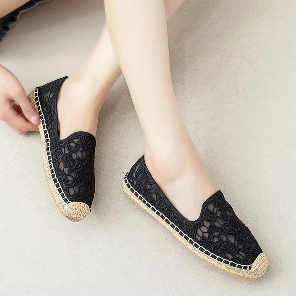 Women's Espadrille Flats Lace Mesh Slip on Ballet Flat Comfort Breathable Slip On Loafer Shoes