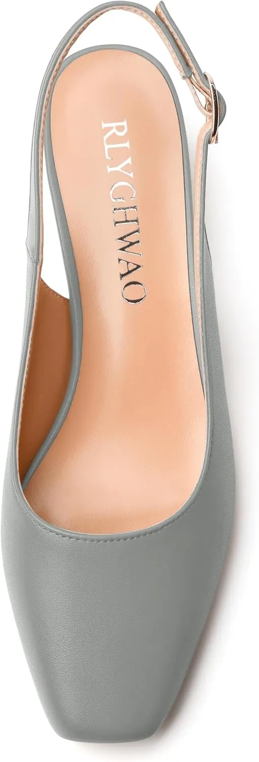 Womens Fashion Buckle Slingback Pumps, Square Closed Toe Chunky Heel Solid Matte Shoes for Women 1.3 inch