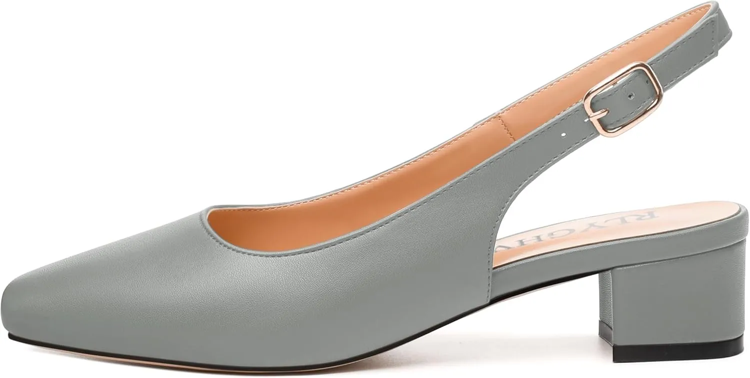 Womens Fashion Buckle Slingback Pumps, Square Closed Toe Chunky Heel Solid Matte Shoes for Women 1.3 inch