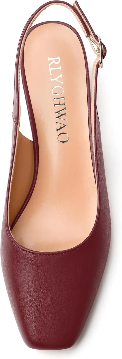 Womens Fashion Buckle Slingback Pumps, Square Closed Toe Chunky Heel Solid Matte Shoes for Women 1.3 inch