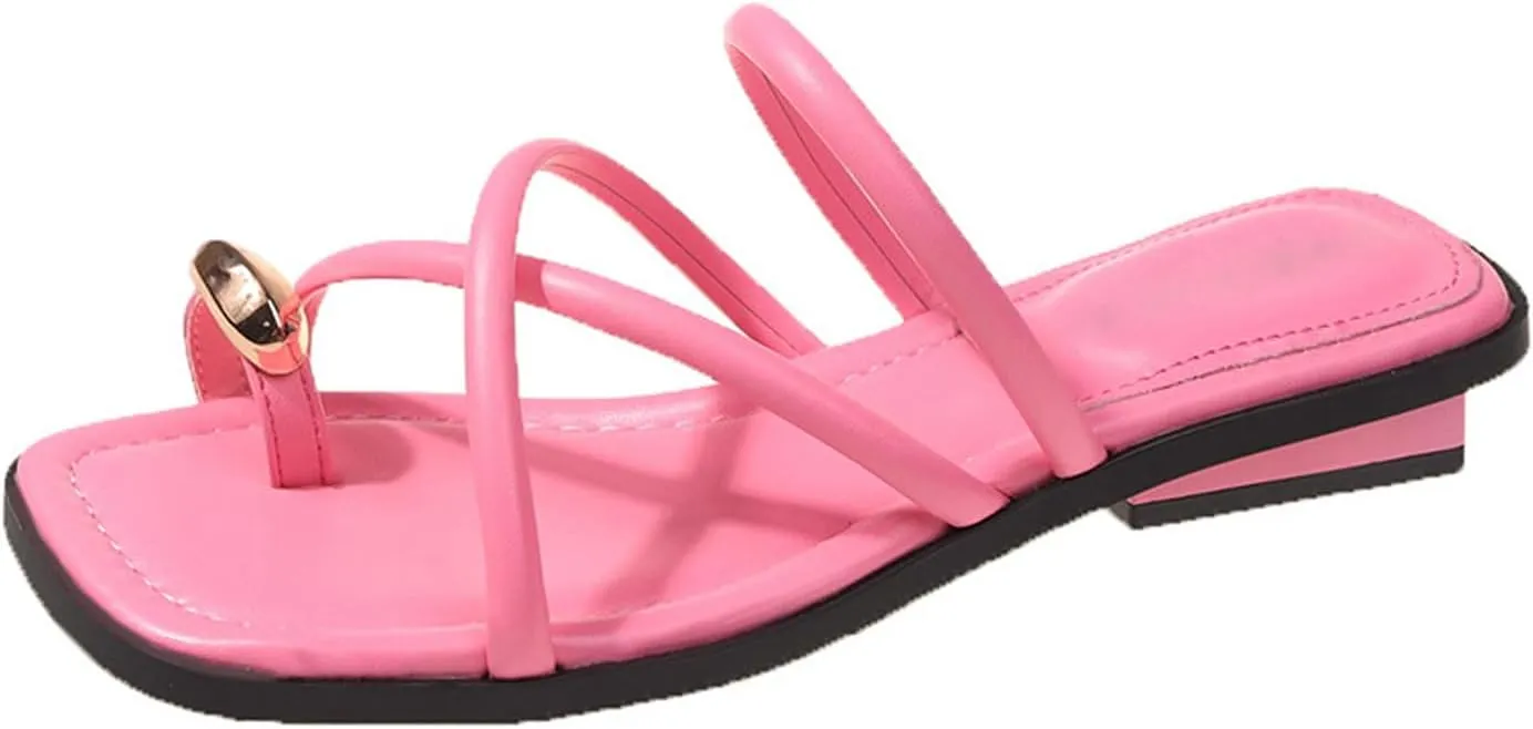 Women's Fashion Leather Strappy Metal Decoration Toe Ring Slippers Square Open Toe Slip-On Flat Clip Toe Sandals Slides Summer Casual Beach Walking Slides
