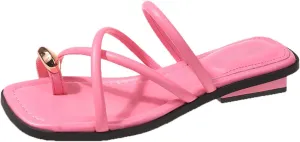Women's Fashion Leather Strappy Metal Decoration Toe Ring Slippers Square Open Toe Slip-On Flat Clip Toe Sandals Slides Summer Casual Beach Walking Slides