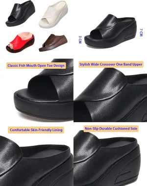 Women's Fish Mouth Platform Wedge Slippers,Lightweight Comfy Backless Mules Open Toe Non-slip Softsole Boho Beach Sandals