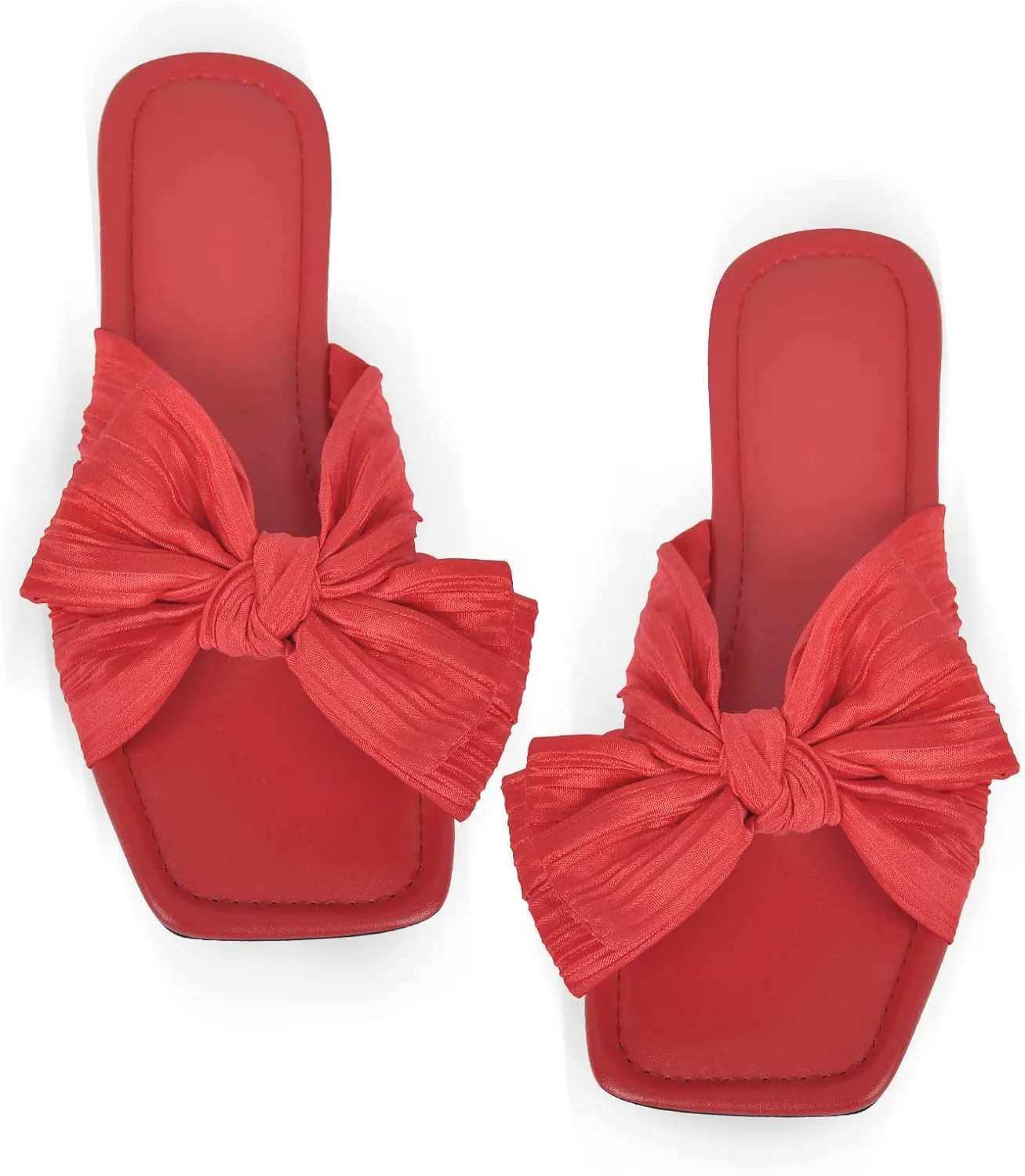 Women's Flat Pleated Bow Sandals for Women Slip on Slide Square Toe Sandals Dressy Beach