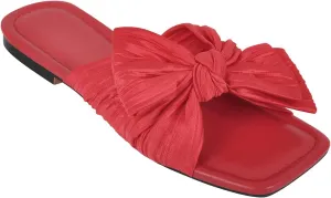 Women's Flat Pleated Bow Sandals for Women Slip on Slide Square Toe Sandals Dressy Beach