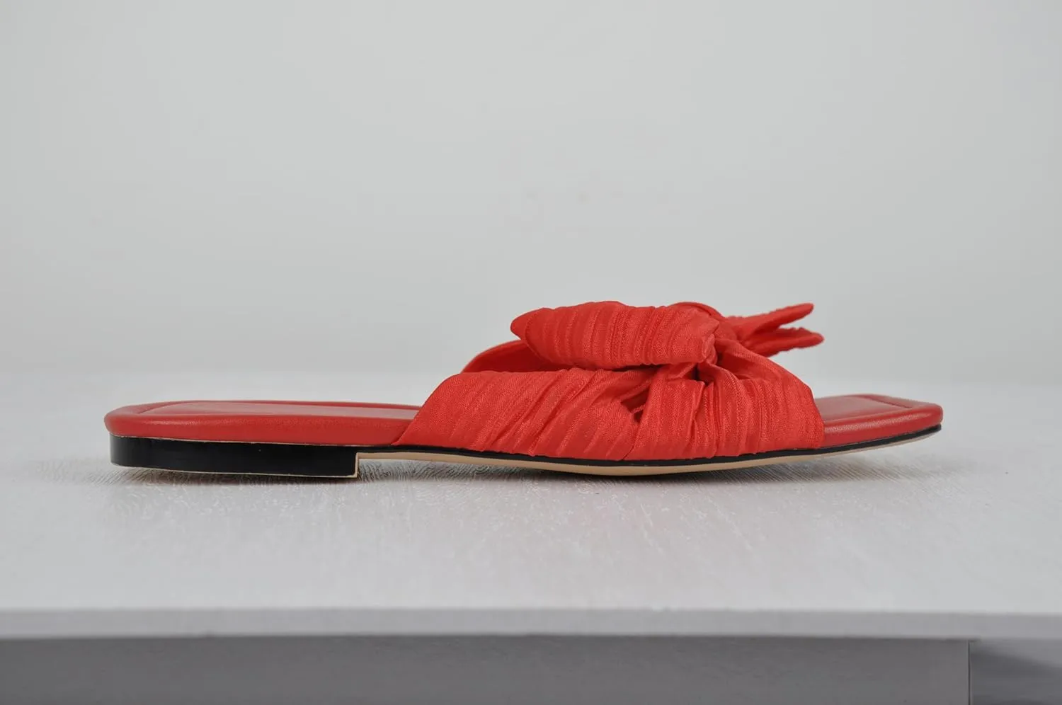 Women's Flat Pleated Bow Sandals for Women Slip on Slide Square Toe Sandals Dressy Beach