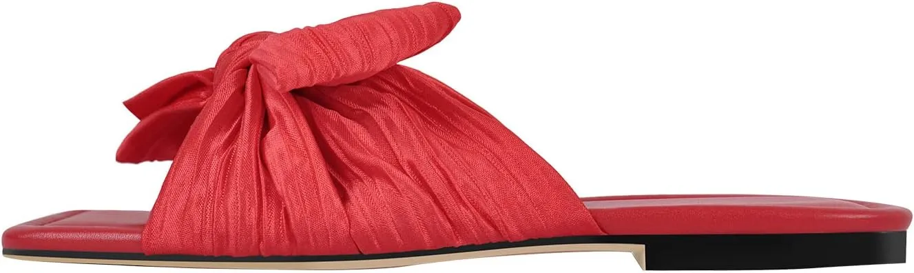 Women's Flat Pleated Bow Sandals for Women Slip on Slide Square Toe Sandals Dressy Beach