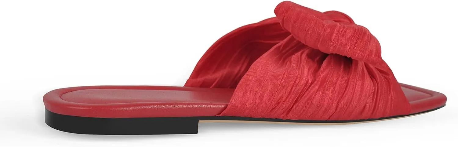 Women's Flat Pleated Bow Sandals for Women Slip on Slide Square Toe Sandals Dressy Beach