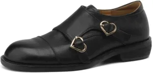 Women's Genuine Leather Round Toe Heart Monk Strap Chunky Heel Handmade Loafers Shoes