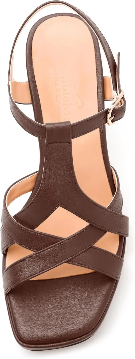 Womens Heeled Sandals, Square Open Toe Small Chunky Heel Platform Sandals for Women, Leather Insole T-strap Daily Comfort Dressy Sandals 3.3"