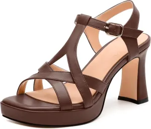 Womens Heeled Sandals, Square Open Toe Small Chunky Heel Platform Sandals for Women, Leather Insole T-strap Daily Comfort Dressy Sandals 3.3"
