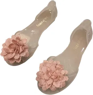 Women’s Jelly Shoes Cute Flower Non-Slip Flat Sandals Comfy Open Toe Clear Jelly Sandal for Outdoor Walking Beach