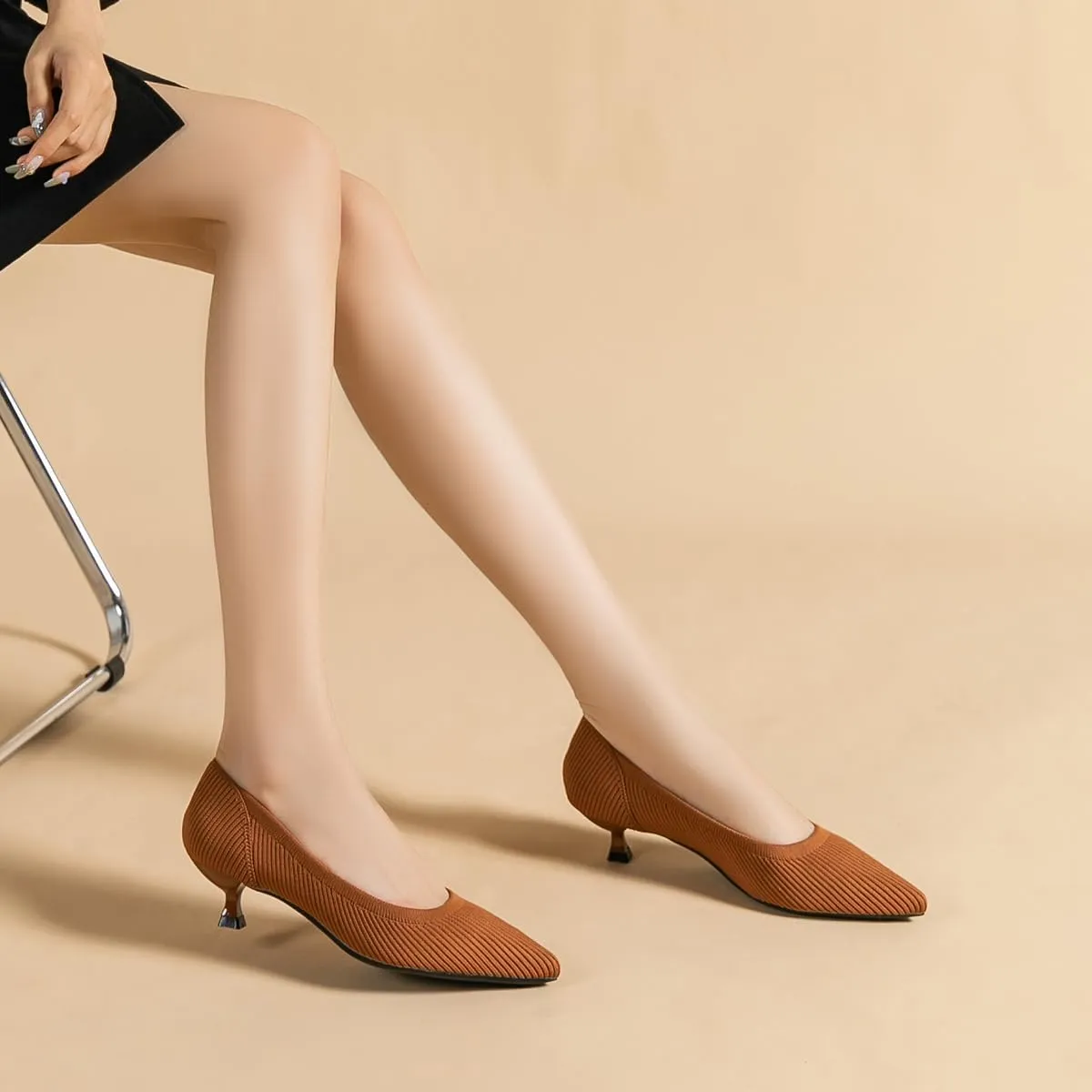 Women's Kitten Heels Pointed Toe Knit Pumps Slip On Foldable Comfortable Casual Formal Dress Shoes