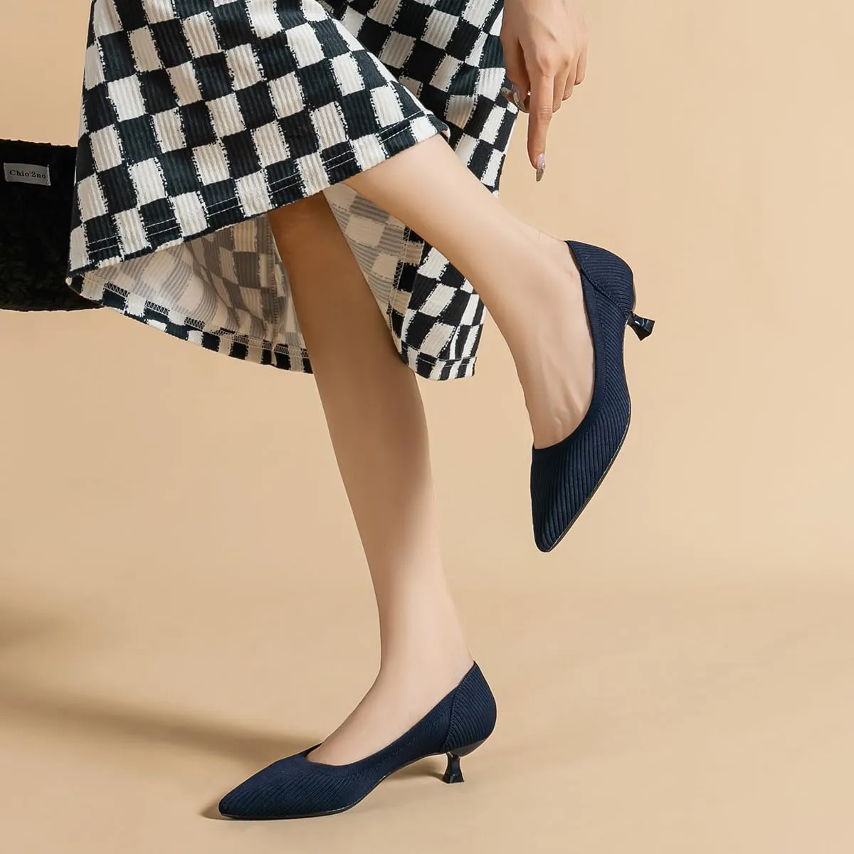 Women's Kitten Heels Pointed Toe Knit Pumps Slip On Foldable Comfortable Casual Formal Dress Shoes