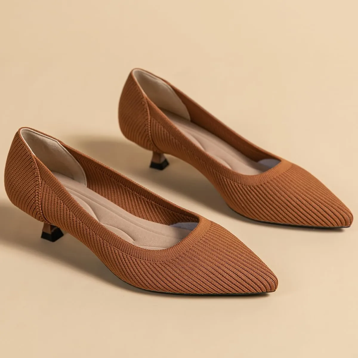 Women's Kitten Heels Pointed Toe Knit Pumps Slip On Foldable Comfortable Casual Formal Dress Shoes